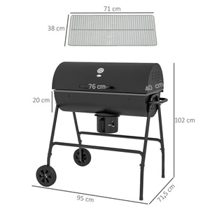 Barbecue au charbon de bois avec couvercle, barbecue charbon de bois grande taille avec grille et thermomètre, BBQ avec roues, poignée, pour jardin, patio, 95 x 71,5 x 102 cm, noir