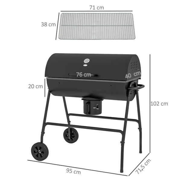 Barbecue au charbon de bois avec couvercle, barbecue charbon de bois grande taille avec grille et thermomètre, BBQ avec roues, poignée, pour jardin, patio, 95 x 71,5 x 102 cm, noir