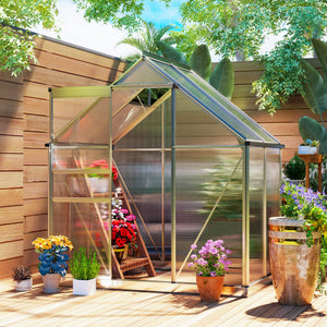Serre de Jardin 2,5 m² en Aluminium Polycarbonate avec Fondation, 192,5 x 131 x 200 cm, Serre avec Fenêtre Réglable et Porte Coulissante, Abri Extérieur Résistant aux Intempéries, Argent