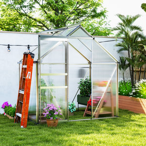 Serre de Jardin 2,5 m² en Aluminium Polycarbonate avec Fondation, 192,5 x 131 x 200 cm, Serre avec Fenêtre Réglable et Porte Coulissante, Abri Extérieur Résistant aux Intempéries, Argent