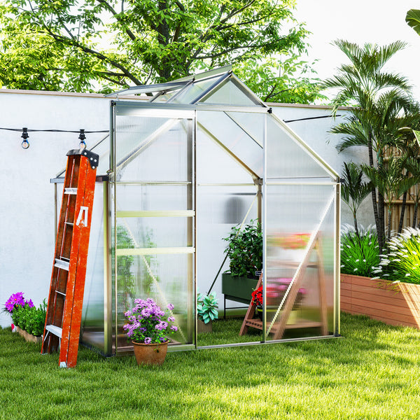 Serre de Jardin 2,5 m² en Aluminium Polycarbonate avec Fondation, 192,5 x 131 x 200 cm, Serre avec Fenêtre Réglable et Porte Coulissante, Abri Extérieur Résistant aux Intempéries, Argent