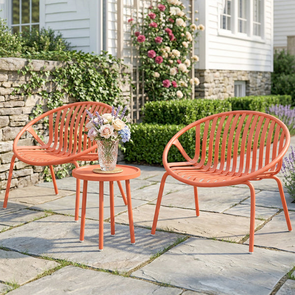 Salon de Jardin 3 Pièces en Acier et Polypropylène - Ensemble Bistro avec Table Basse à Plateau Concave - Mobilier Extérieur Design pour Terrasse, Balcon et Piscine, Rouge Brique