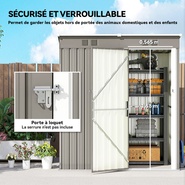 Abri de Jardin en Métal 1,37m² 163x90x179cm, Acier Galvanisé - Armoire de Jardin Adossable avec 2 Grilles d'Aération et Toit Incliné Anti-UV - Cabanon de Stockage pour Outils, Gris Clair