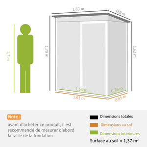 Abri de Jardin en Métal 1,37m² 163x90x179cm, Acier Galvanisé - Armoire de Jardin Adossable avec 2 Grilles d'Aération et Toit Incliné Anti-UV - Cabanon de Stockage pour Outils, Gris Clair