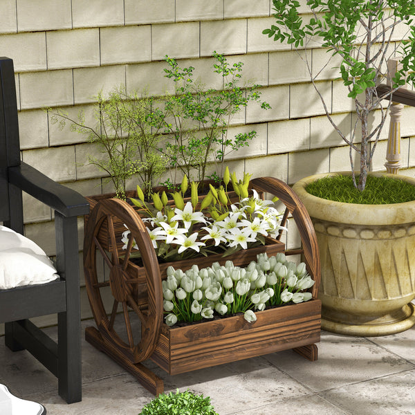 Jardinière sur Pieds carré Potager 3 étages Style Rustique Chic avec 2 roues Charrette Bois Sapin, trous de drainage, dim. 62L x 61l x 57H cm Marron
