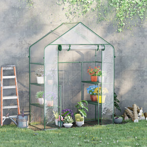Serre de jardin avec étagères 3 niveaux, serre de balcon, bâche renforcée, châssis en acier, porte zippée enroulable, pour légumes plantes fleurs, intérieur et extérieur, 142x73x195cm, vert