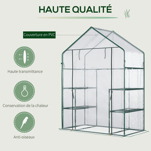 Serre de jardin avec étagères 3 niveaux, serre de balcon, bâche renforcée, châssis en acier, porte zippée enroulable, pour légumes plantes fleurs, intérieur et extérieur, 142x73x195cm, vert
