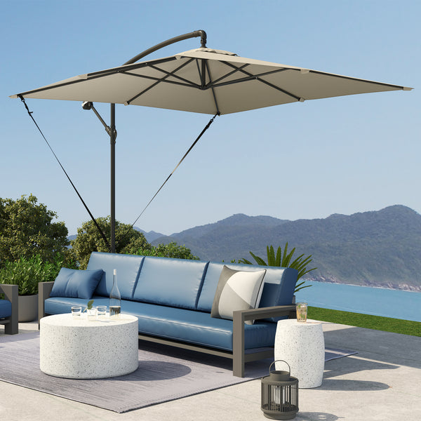 Parasol déporté 2,5 x 2,5 m, parasol de jardin extérieur, Toile ajustable, 8 baleines, base en croix et manivelle, Housse de Protection, kaki