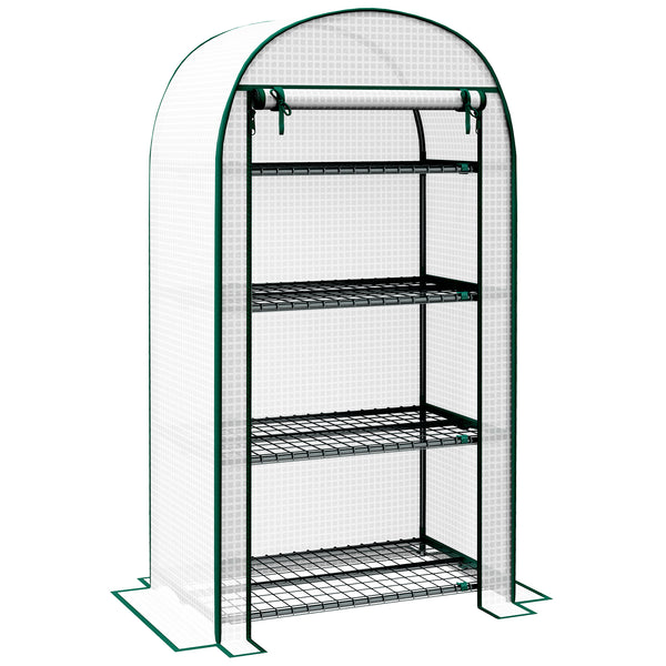 Serre de jardin PE avec étagères 4 niveaux, serre de balcon, bâche renforcée 130 g/m², châssis en acier, porte zippée enroulable, pour légumes plantes fleurs, 80 x 50 x 160 cm, blanc
