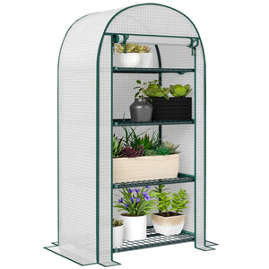 Serre de jardin PE avec étagères 4 niveaux, serre de balcon, bâche renforcée 130 g/m², châssis en acier, porte zippée enroulable, pour légumes plantes fleurs, 80 x 50 x 160 cm, blanc