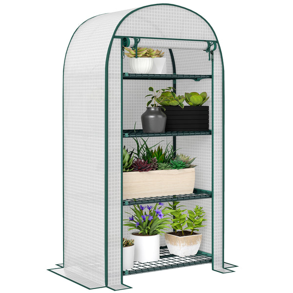 Serre de jardin PE avec étagères 4 niveaux, serre de balcon, bâche renforcée 130 g/m², châssis en acier, porte zippée enroulable, pour légumes plantes fleurs, 80 x 50 x 160 cm, blanc