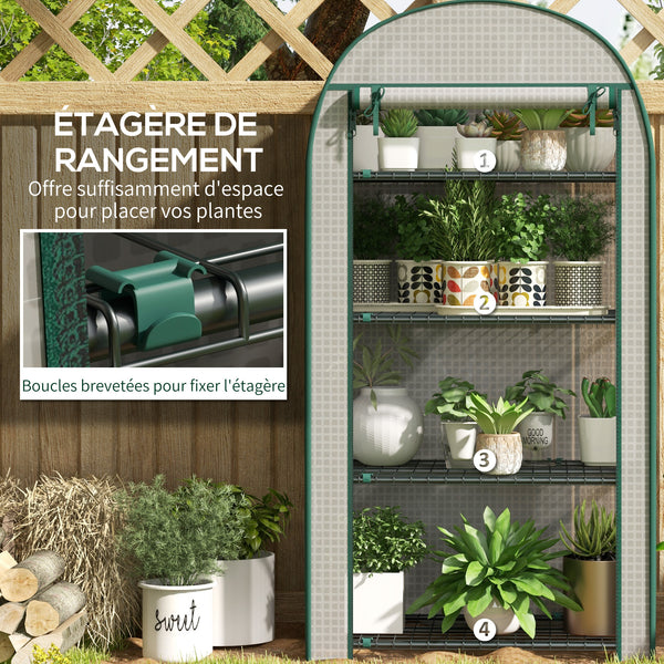 Serre de jardin PE avec étagères 4 niveaux, serre de balcon, bâche renforcée 130 g/m², châssis en acier, porte zippée enroulable, pour légumes plantes fleurs, 80 x 50 x 160 cm, blanc