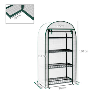 Serre de jardin PE avec étagères 4 niveaux, serre de balcon, bâche renforcée 130 g/m², châssis en acier, porte zippée enroulable, pour légumes plantes fleurs, 80 x 50 x 160 cm, blanc