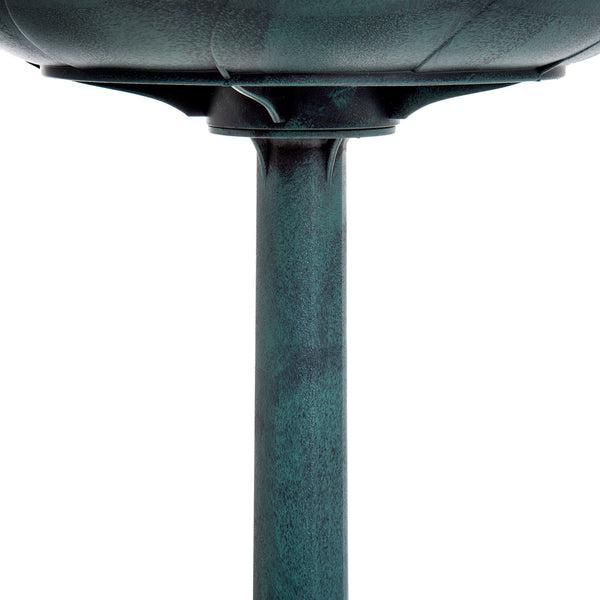 Bain d'oiseaux plateau de diamètre 50cm, abreuvoir oiseaux extérieur sur pied hauteur 69,5 cm, mangeoire oiseaux design coquille et décoration fleur-de-lys, érugineux