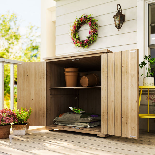 Armoire de rangement pour le jardin en bois sapin, Double Porte étagère réglable et Toit bitumé étanche - dim. 77,5L x 88l x 83/90H cm