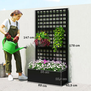 Jardinière avec treillis, brise-vue, lit surélevé de jardin, jardinière extérieure en acier galvanisée, pour plantes grimpantes, bac à fleurs pour balcon terrasse patio, 89x40x178cm, noir