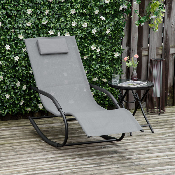 Chaise longue à bascule rocking chair ergonomique avec tétière accoudoirs métal galvanisé textilène dim. 63l x 160P x 88H cm Gris