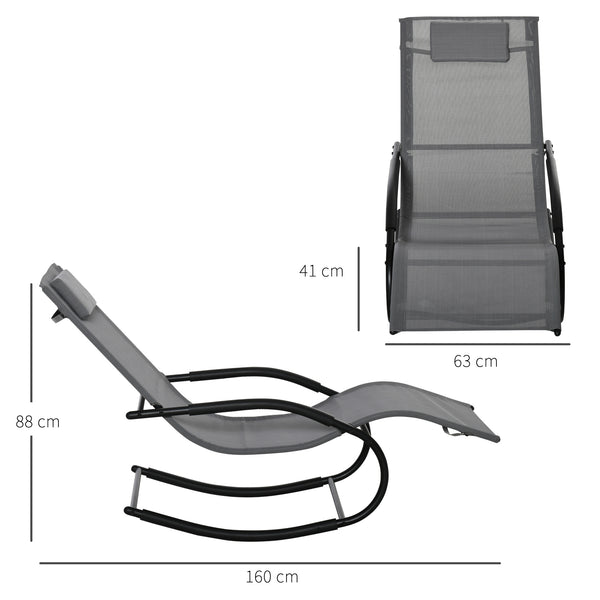 Chaise longue à bascule rocking chair ergonomique avec tétière accoudoirs métal galvanisé textilène dim. 63l x 160P x 88H cm Gris
