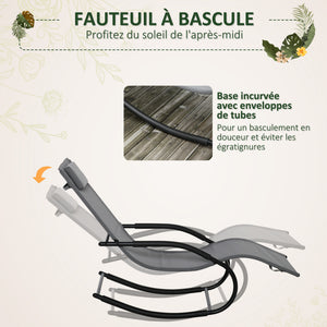 Chaise longue à bascule rocking chair ergonomique avec tétière accoudoirs métal galvanisé textilène dim. 63l x 160P x 88H cm Gris