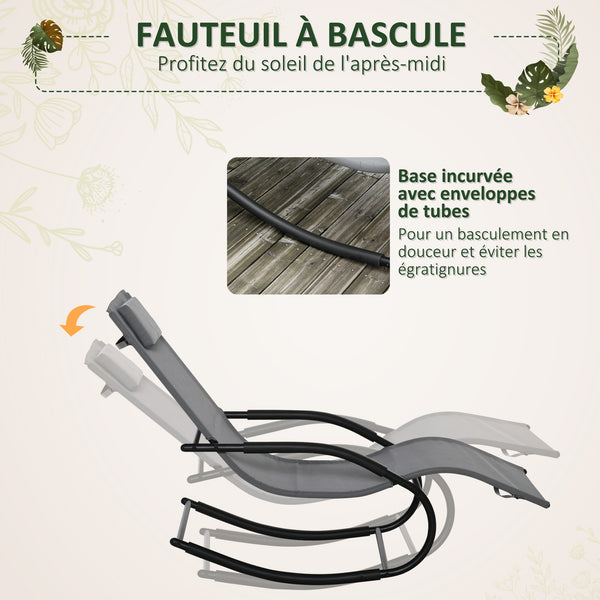 Chaise longue à bascule rocking chair ergonomique avec tétière accoudoirs métal galvanisé textilène dim. 63l x 160P x 88H cm Gris