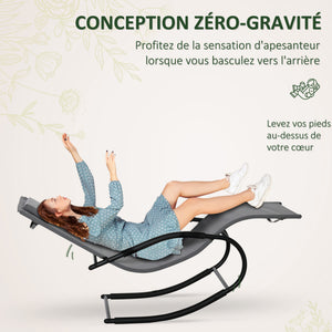 Chaise longue à bascule rocking chair ergonomique avec tétière accoudoirs métal galvanisé textilène dim. 63l x 160P x 88H cm Gris