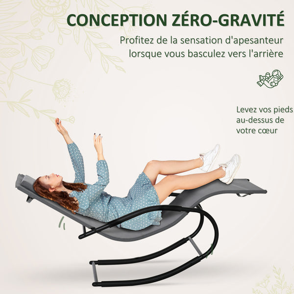 Chaise longue à bascule rocking chair ergonomique avec tétière accoudoirs métal galvanisé textilène dim. 63l x 160P x 88H cm Gris