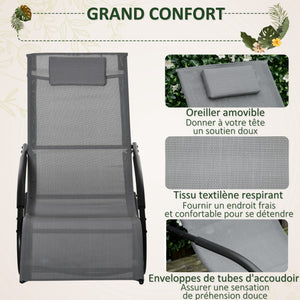 Chaise longue à bascule rocking chair ergonomique avec tétière accoudoirs métal galvanisé textilène dim. 63l x 160P x 88H cm Gris