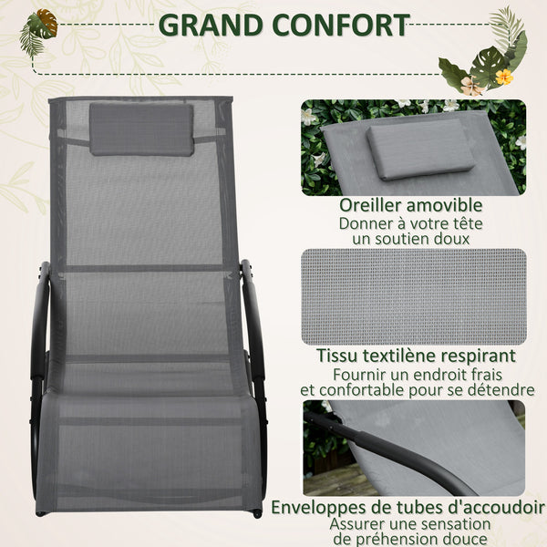 Chaise longue à bascule rocking chair ergonomique avec tétière accoudoirs métal galvanisé textilène dim. 63l x 160P x 88H cm Gris