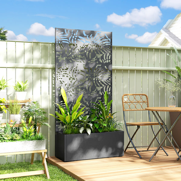 Jardinière avec treillis, bac à fleurs, lit surélevé avec brise-vue, pour plantes grimpantes, légumes, fleurs, métal, intérieur et extérieur, cour jardin balcon, 90 x 37,5 x 180 cm, noir