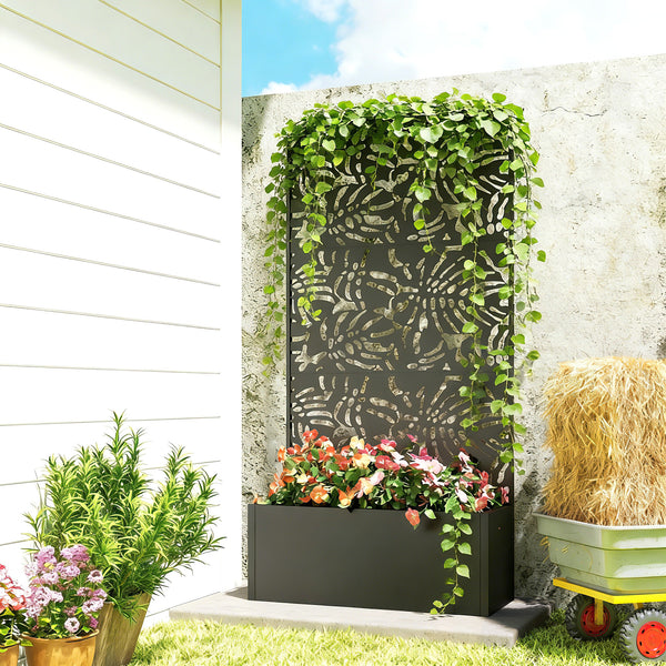 Jardinière avec treillis, bac à fleurs, lit surélevé avec brise-vue, pour plantes grimpantes, légumes, fleurs, métal, intérieur et extérieur, cour jardin balcon, 90 x 37,5 x 180 cm, noir