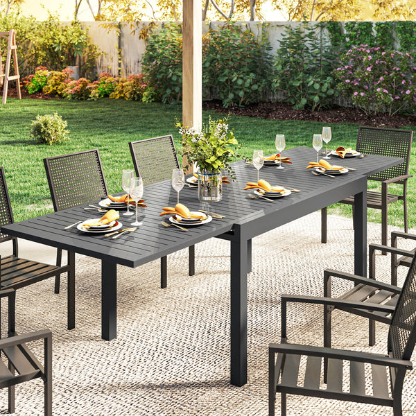 Table de Jardin Extensible pour 6 à 10 Personnes, Table de Salle à Manger Extérieure en Aluminium avec Plateau à Lattes, Patins Réglables, 270/135 x 90 x 75 cm, Gris Foncé
