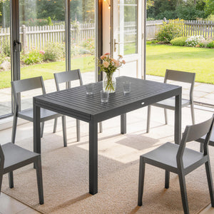 Table de Jardin Extensible pour 6 à 10 Personnes, Table de Salle à Manger Extérieure en Aluminium avec Plateau à Lattes, Patins Réglables, 270/135 x 90 x 75 cm, Gris Foncé