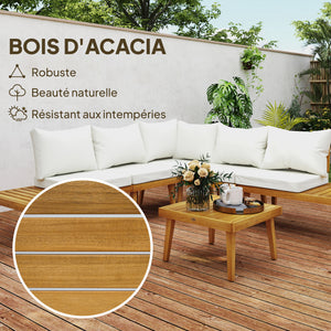 Salon de jardin extérieur d'angle 5 places modulable en bois d'acacia avec canapés et table basse, plateau à lattes et coussins inclus, mobilier de jardin terrasse véranda, crème