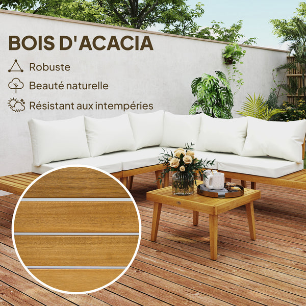 Salon de jardin extérieur d'angle 5 places modulable en bois d'acacia avec canapés et table basse, plateau à lattes et coussins inclus, mobilier de jardin terrasse véranda, crème