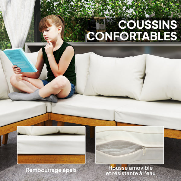 Salon de jardin extérieur d'angle 5 places modulable en bois d'acacia avec canapés et table basse, plateau à lattes et coussins inclus, mobilier de jardin terrasse véranda, crème