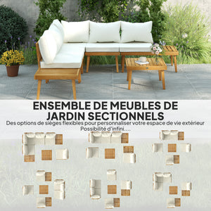 Salon de jardin extérieur d'angle 5 places modulable en bois d'acacia avec canapés et table basse, plateau à lattes et coussins inclus, mobilier de jardin terrasse véranda, crème