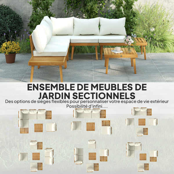 Salon de jardin extérieur d'angle 5 places modulable en bois d'acacia avec canapés et table basse, plateau à lattes et coussins inclus, mobilier de jardin terrasse véranda, crème
