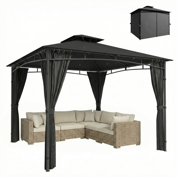 Tonnelle de Jardin Extérieur 3x3m Pavillon Métal Ø 48mm - Cadre de Toit Rétractable & Double Toit UV50+ - Abri de Jardin Imperméable Robuste pour 6-8 Personnes, Gris Anthracite