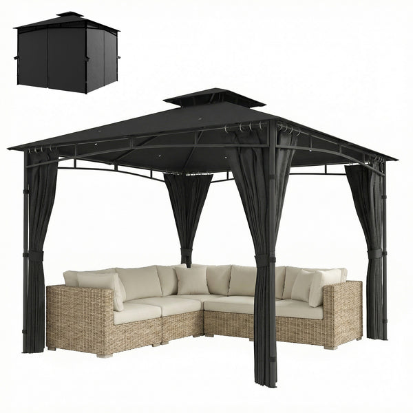 Tonnelle de Jardin Extérieur 3x3m Pavillon Métal Ø 48mm - Cadre de Toit Rétractable & Double Toit UV50+ - Abri de Jardin Imperméable Robuste pour 6-8 Personnes, Gris Anthracite