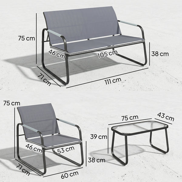 Salon de Jardin 4 Pièces en Acier et Textilène - Ensemble de Terrasse avec Accoudoirs Corde Tressée, Canapé 2 Places, 2 Fauteuils et Table Basse en Verre Trempé Cannelé pour Balcon, Gris
