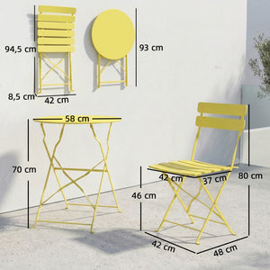 Ensemble Bistrot de Jardin 3 Pièces san Montage - Table et 2 Chaises Pliantes à Lattes en Métal avec Double Protection Antirouille - Mobilier de Balcon et Terrasse Chic, Jaune