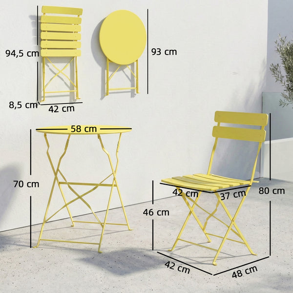Ensemble Bistrot de Jardin 3 Pièces san Montage - Table et 2 Chaises Pliantes à Lattes en Métal avec Double Protection Antirouille - Mobilier de Balcon et Terrasse Chic, Jaune