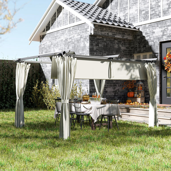 Pergola jardin exterieur 3 x 4 m pergola coulissante rétractable avec parois latérales, tonnelle de jardin, polyester haute densité 180g/m², abri soleil UPF30+, pour terrasse, patio, crème