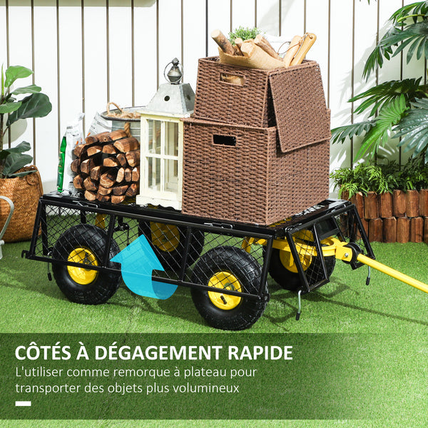 Chariot de jardin en acier, chariot de transport, côtés amovibles transformable en plateau, 4 roues, 200 kg, charrette, remorque, poignée rotative à 180°, noir et jaune