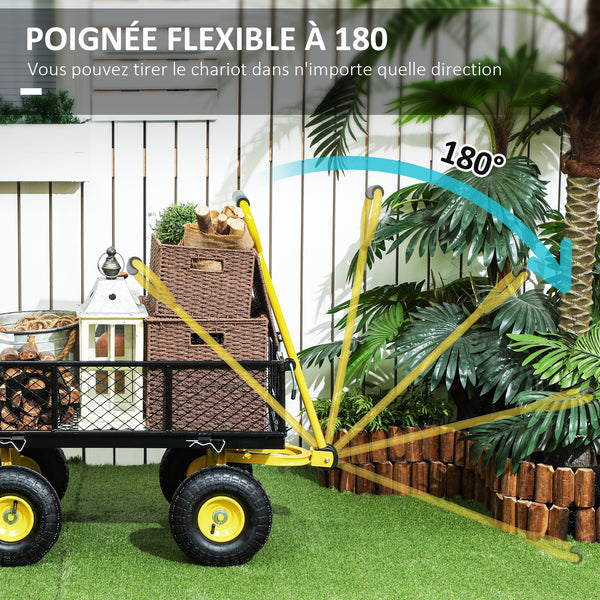 Chariot de jardin en acier, chariot de transport, côtés amovibles transformable en plateau, 4 roues, 200 kg, charrette, remorque, poignée rotative à 180°, noir et jaune