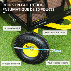 Chariot de jardin en acier, chariot de transport, côtés amovibles transformable en plateau, 4 roues, 200 kg, charrette, remorque, poignée rotative à 180°, noir et jaune