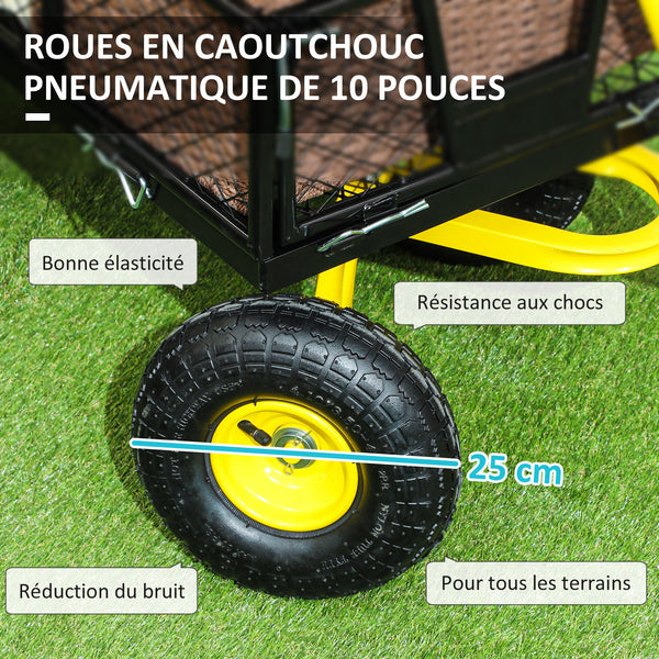 Chariot de jardin en acier, chariot de transport, côtés amovibles transformable en plateau, 4 roues, 200 kg, charrette, remorque, poignée rotative à 180°, noir et jaune