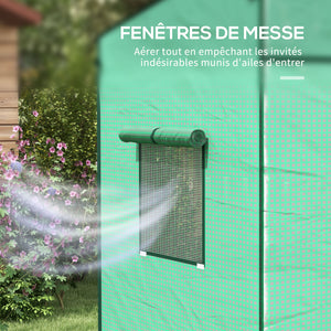 Serre de jardin PE, serre de balcon, bâche renforcée 140 g/m², châssis en acier, porte zippée enroulable, 2 fenêtres, pour légumes plantes fleurs, intérieur et extérieur, 196x77x197cm, vert