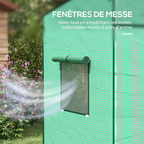 Serre de jardin PE, serre de balcon, bâche renforcée 140 g/m², châssis en acier, porte zippée enroulable, 2 fenêtres, pour légumes plantes fleurs, intérieur et extérieur, 196x77x197cm, vert