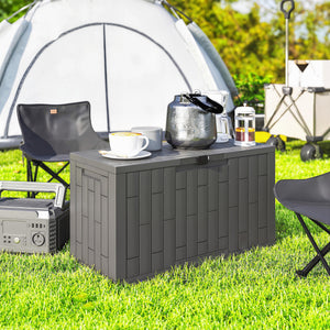 Coffre de Rangement Extérieur 227 L Verrouillable avec Vérin à Gaz, Boîte de Jardin en Aspect Bois Résistant aux UV, pour Outils Accessoires, 106,5x43x54,5cm, Gris